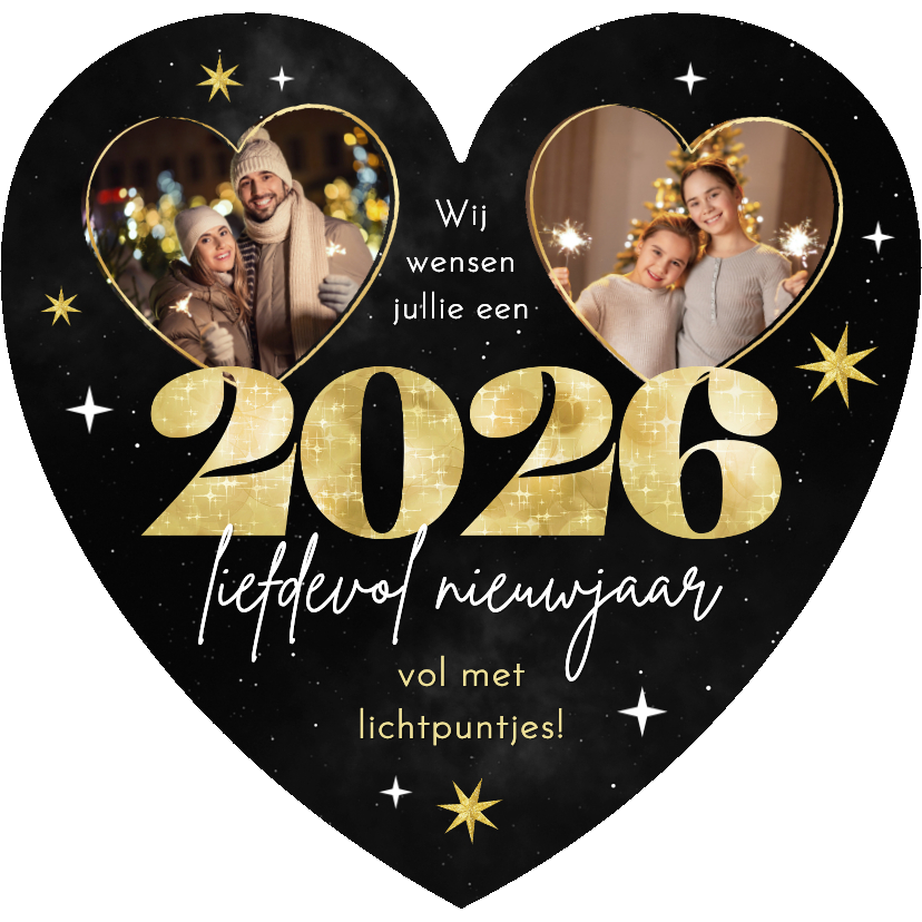 Nieuwjaarskaart hartvorm sterren vuurwerk foto goud 2026 - Nieuwjaarskaarten Nieuwjaarskaarten - Nieuwjaarskaart hartvorm sterren vuurwerk foto goud 2026