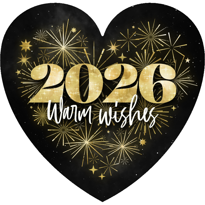 Nieuwjaarskaart hartvorm vuurwerk goud warm wishes 2026 - Nieuwjaarskaarten Nieuwjaarskaarten - Nieuwjaarskaart hartvorm vuurwerk goud warm wishes 2026