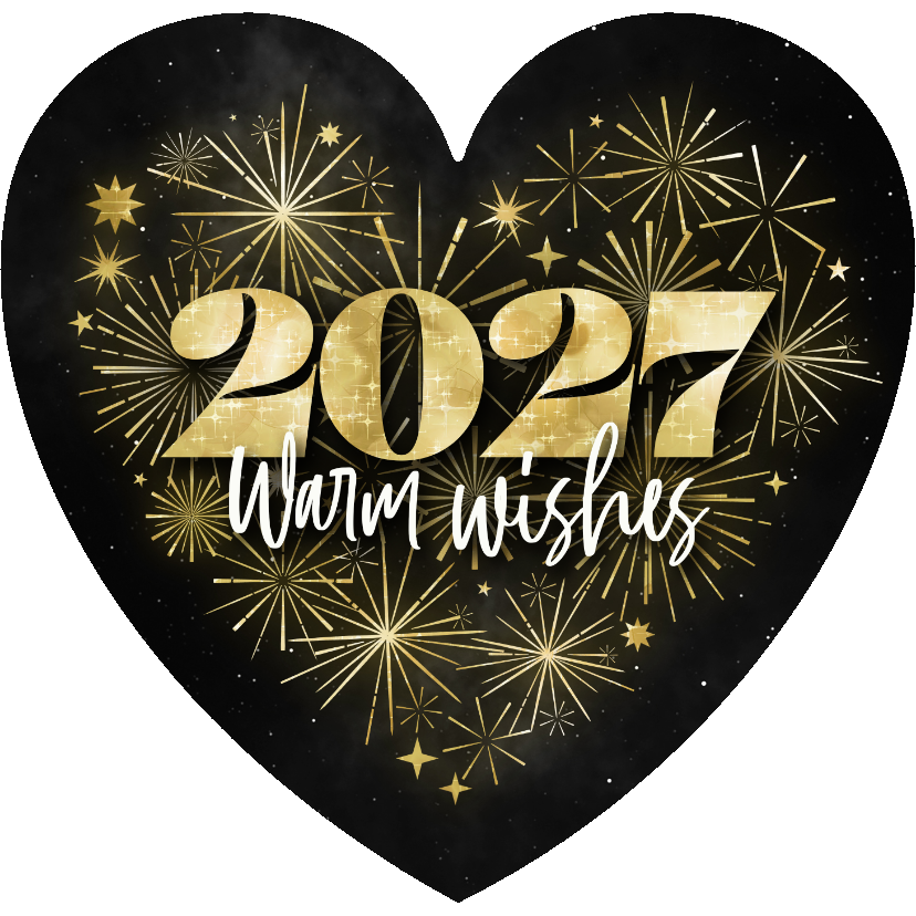 Nieuwjaarskaart hartvorm vuurwerk goud warm wishes 2027 - Nieuwjaarskaarten Nieuwjaarskaarten - Nieuwjaarskaart hartvorm vuurwerk goud warm wishes 2027