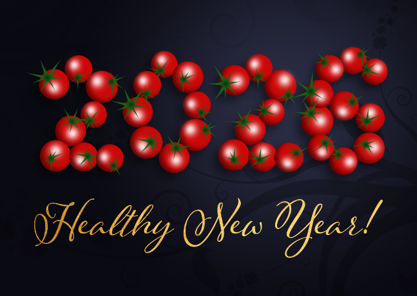 Nieuwjaarskaarten - Nieuwjaarskaart healthy new year tomaatjes