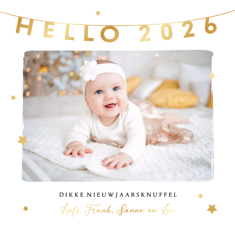 Nieuwjaarskaarten - Nieuwjaarskaart hello 2026 foto sterren goud liefde
