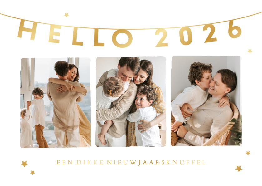 Nieuwjaarskaarten - Nieuwjaarskaart Hello 2026 fotocollage gouden sterren