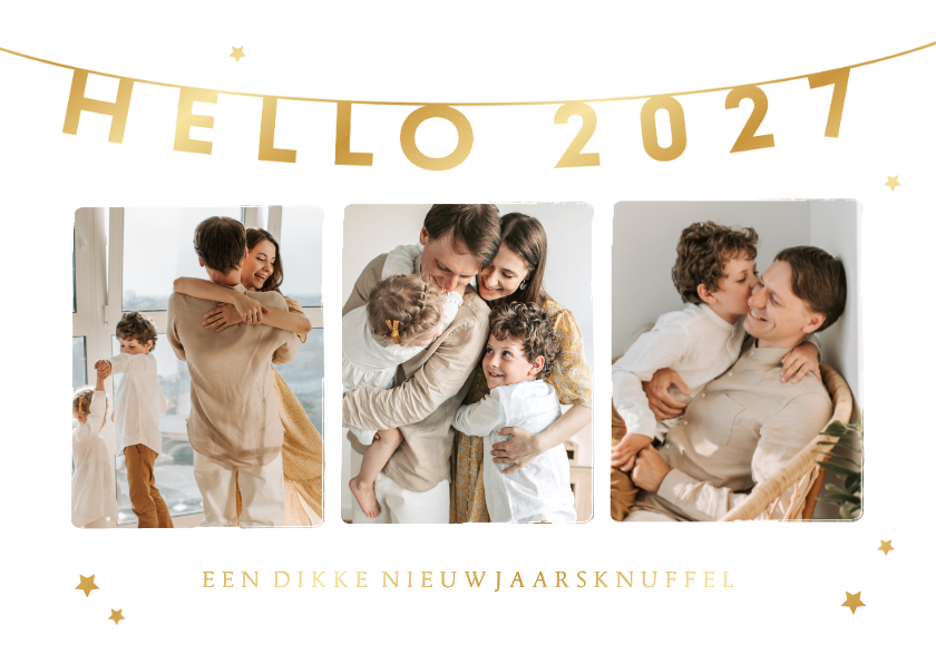 Nieuwjaarskaarten - Nieuwjaarskaart Hello 2027 fotocollage gouden sterren
