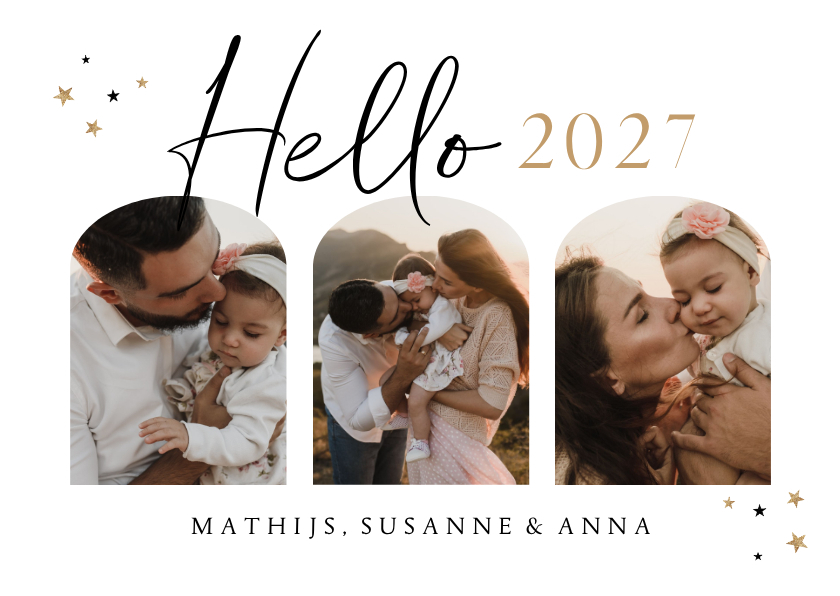 Nieuwjaarskaarten - Nieuwjaarskaart hello 2027 stijlvol foto's sterren goud hip