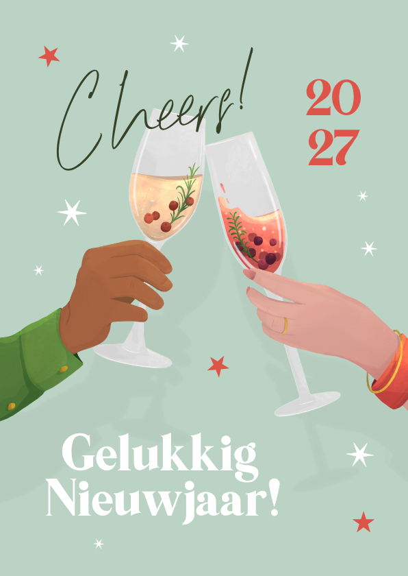 Nieuwjaarskaart illustratie champagne cheers 2027 sterren - Nieuwjaarskaarten Nieuwjaarskaarten - Nieuwjaarskaart illustratie champagne cheers 2027 sterren