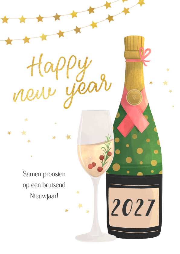 Nieuwjaarskaart illustratie champagne sterren 2027 - Nieuwjaarskaarten Nieuwjaarskaarten - Nieuwjaarskaart illustratie champagne sterren 2027