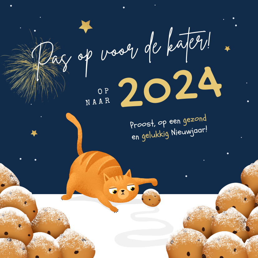 Nieuwjaarskaarten - Nieuwjaarskaart kat oliebollen grappig 2024 kater sterren