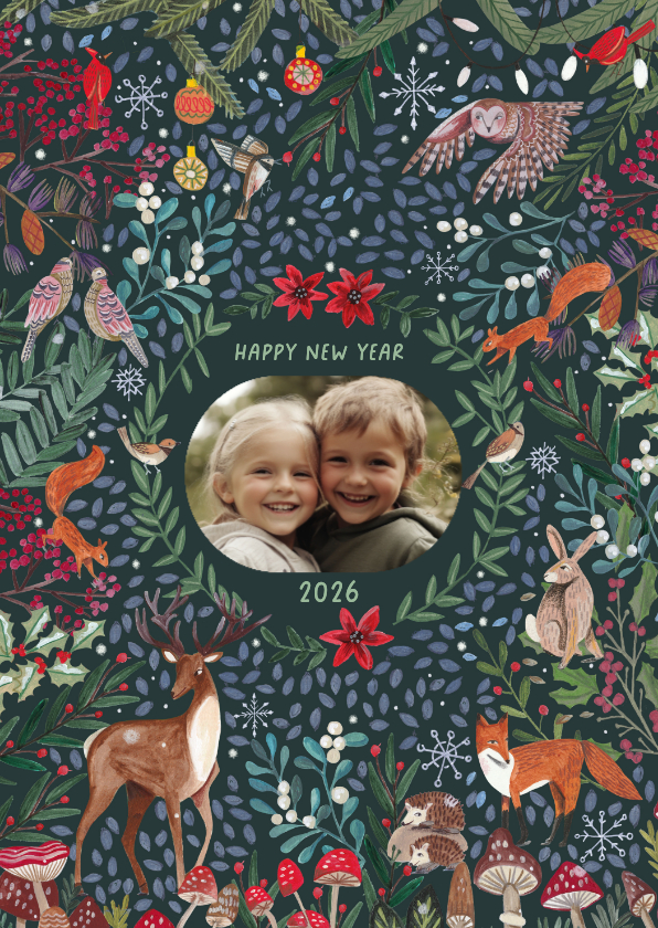 Nieuwjaarskaart klassiek natuur en dieren - Nieuwjaarskaarten Nieuwjaarskaarten - Nieuwjaarskaart klassiek natuur en dieren