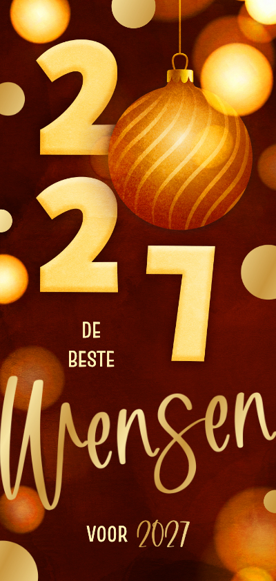 Nieuwjaarskaarten - Nieuwjaarskaart langwerpig modern rood 2027 kerstbal goud