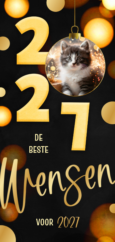 Nieuwjaarskaart langwerpig zwart 2027 kerstbal goud - Nieuwjaarskaarten Nieuwjaarskaarten - Nieuwjaarskaart langwerpig zwart 2027 kerstbal goud