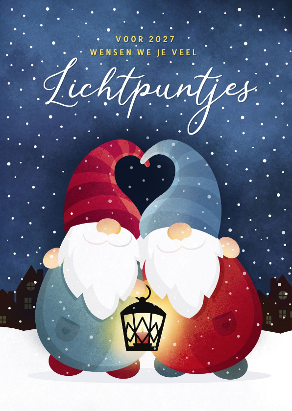 Nieuwjaarskaart lichtpuntjes 2 kabouters met lantaarntje - Nieuwjaarskaarten Nieuwjaarskaarten - Nieuwjaarskaart lichtpuntjes 2 kabouters met lantaarntje