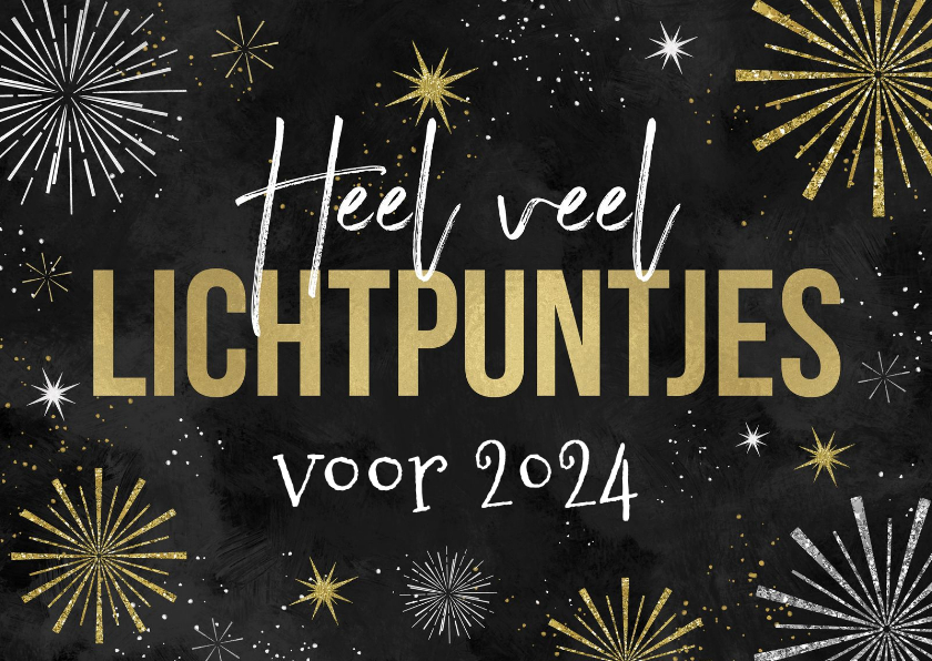 Nieuwjaarskaart lichtpuntjes vuurwerk sterren oliebol - Nieuwjaarskaarten Nieuwjaarskaarten - Nieuwjaarskaart lichtpuntjes vuurwerk sterren oliebol