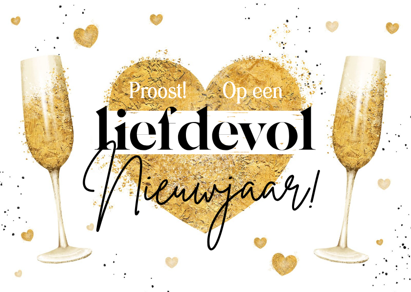 Nieuwjaarskaart liefdevol hartjes champagne goud proost - Nieuwjaarskaarten Nieuwjaarskaarten - Nieuwjaarskaart liefdevol hartjes champagne goud proost