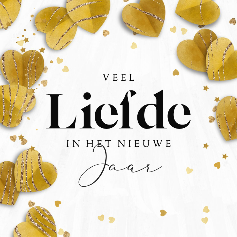 Nieuwjaarskaart liefdevol hartjes confetti goud ster - Nieuwjaarskaarten Nieuwjaarskaarten - Nieuwjaarskaart liefdevol hartjes confetti goud ster
