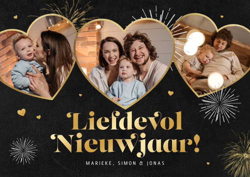 Nieuwjaarskaarten - Nieuwjaarskaart liefdevol nieuwjaar vuurwerk foto's hartjes