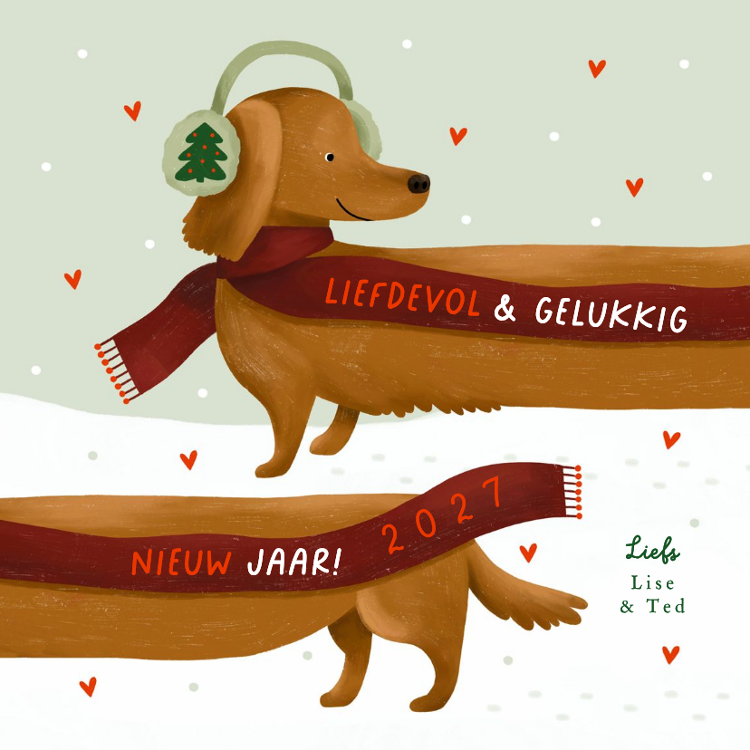 Nieuwjaarskaart liefdevol teckel sjaal oorwarmers sneeuw - Nieuwjaarskaarten Nieuwjaarskaarten - Nieuwjaarskaart liefdevol teckel sjaal oorwarmers sneeuw