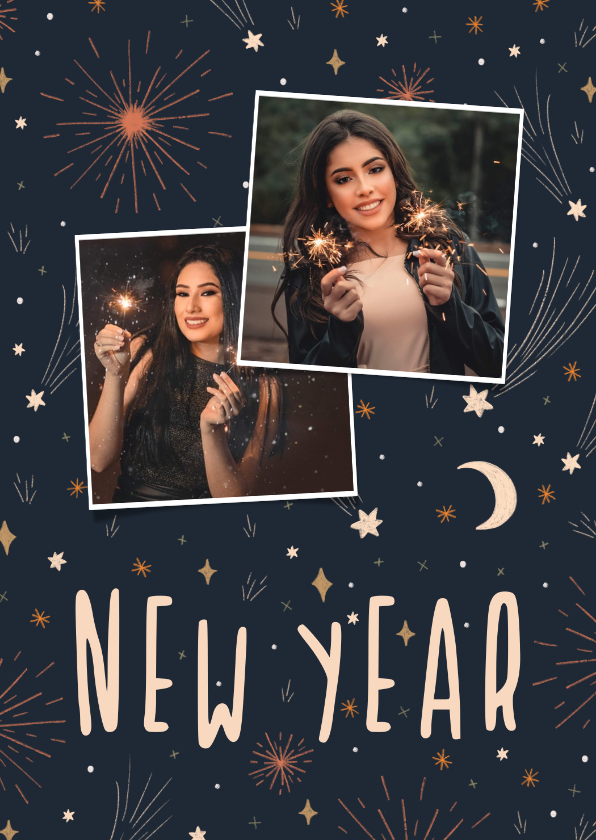 Nieuwjaarskaart met 2 foto's, vuurwerk en sterren - Nieuwjaarskaarten Nieuwjaarskaarten - Nieuwjaarskaart met 2 foto's, vuurwerk en sterren