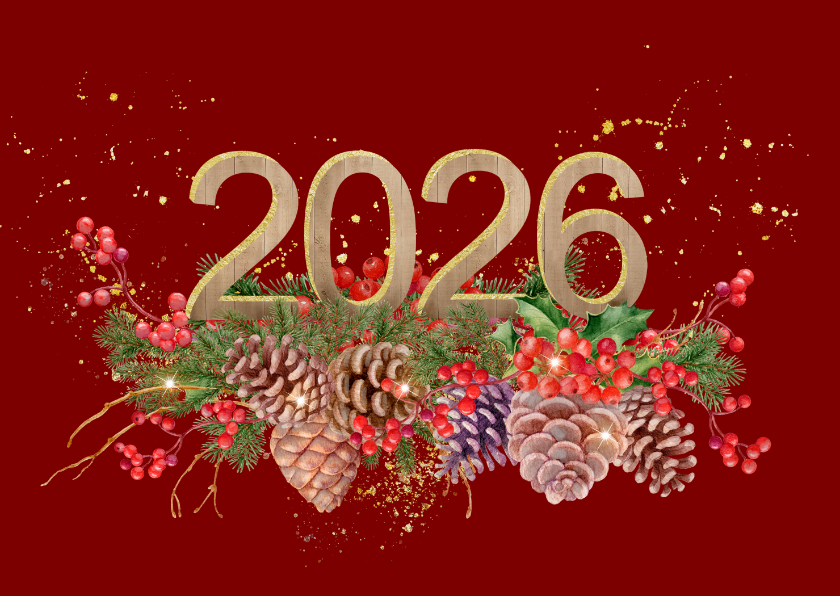 Nieuwjaarskaarten - Nieuwjaarskaart met 2026 in hout met goud