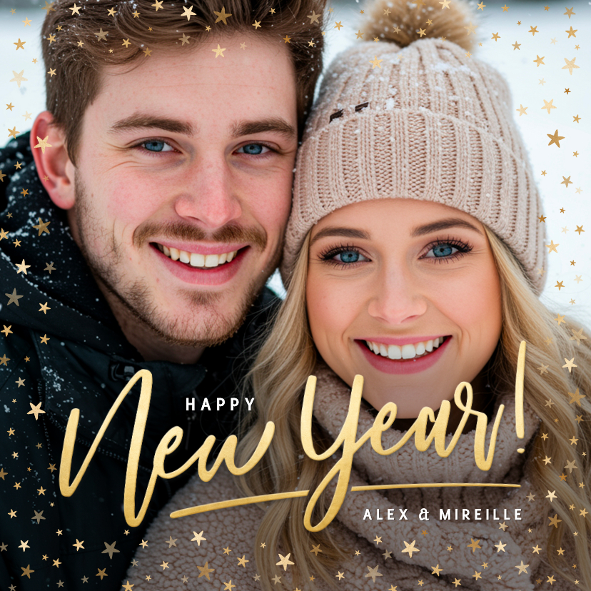 Nieuwjaarskaarten - Nieuwjaarskaart met eigen foto en gouden sterren kader