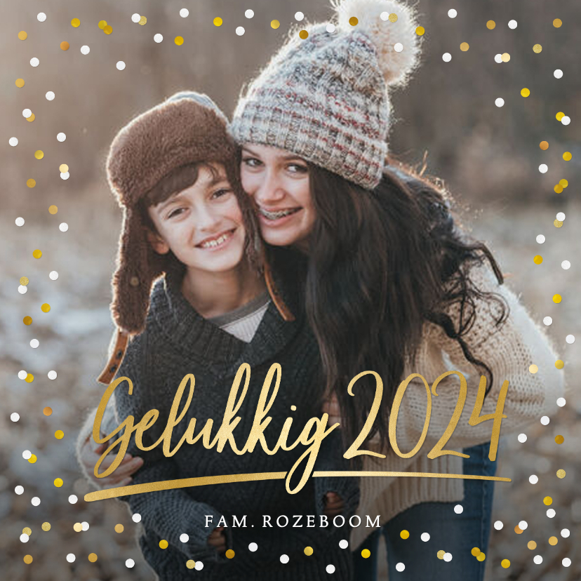 Nieuwjaarskaarten - Nieuwjaarskaart met eigen foto, gouden 2024 en confetti