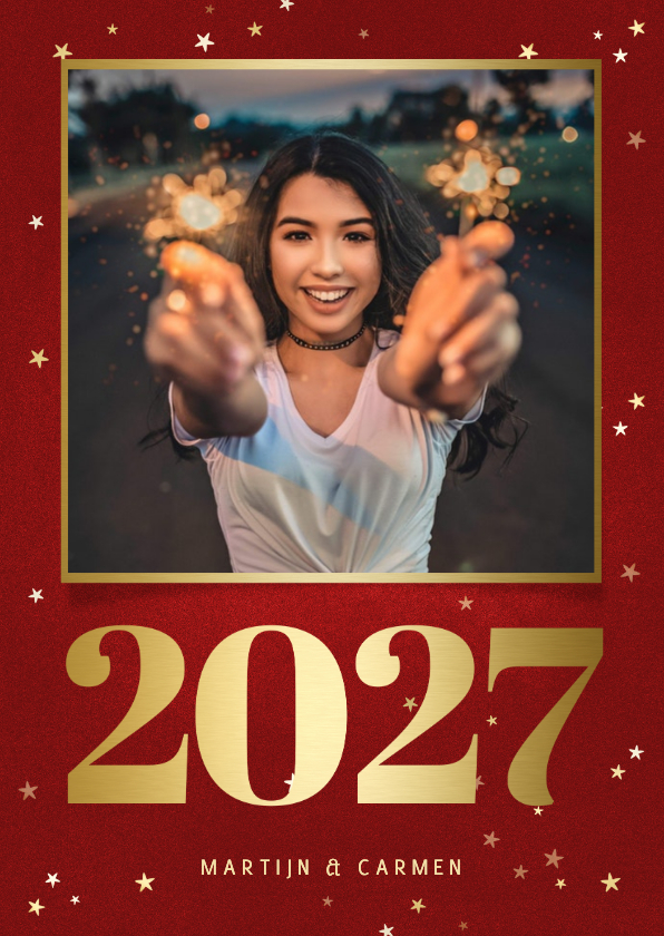 Nieuwjaarskaart met foto, gouden 2027 en sterren - Nieuwjaarskaarten Nieuwjaarskaarten - Nieuwjaarskaart met foto, gouden 2027 en sterren