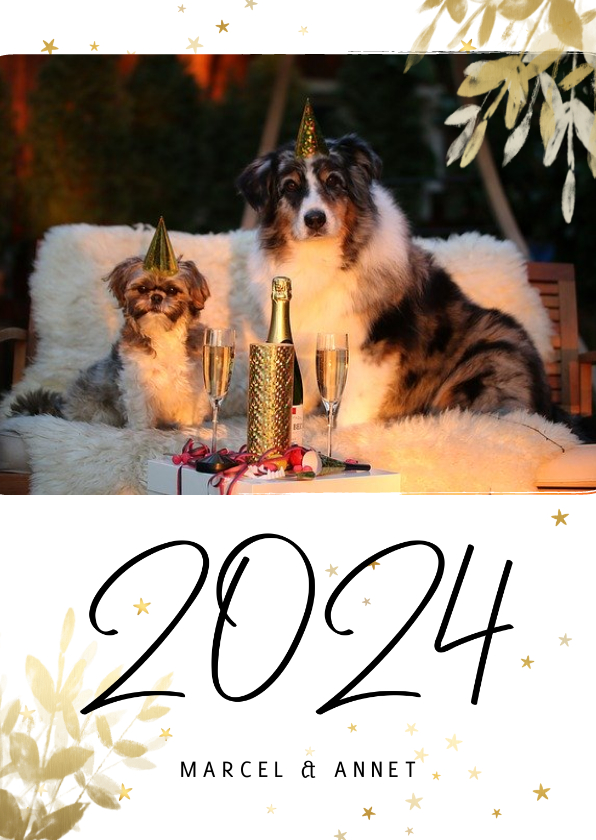 Nieuwjaarskaarten - Nieuwjaarskaart met foto, gouden sterren en 2024