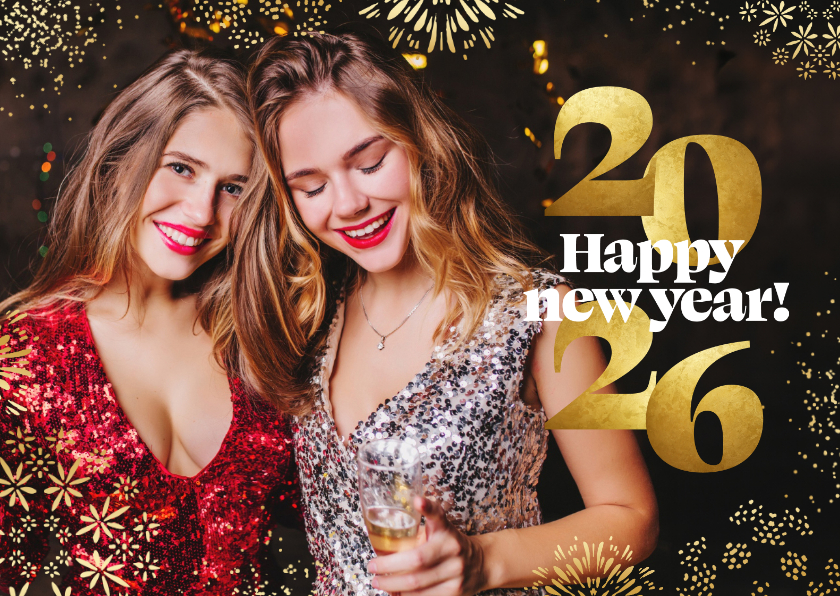 Nieuwjaarskaarten - Nieuwjaarskaart met foto gouden vuurwerk 2026 cijfers