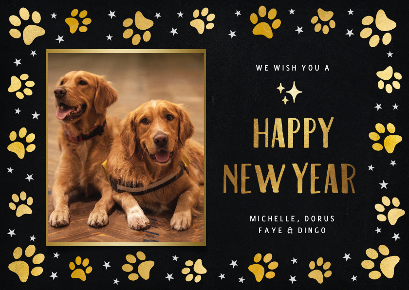 Nieuwjaarskaarten - Nieuwjaarskaart met foto huisdier en honden pootafdrukjes 