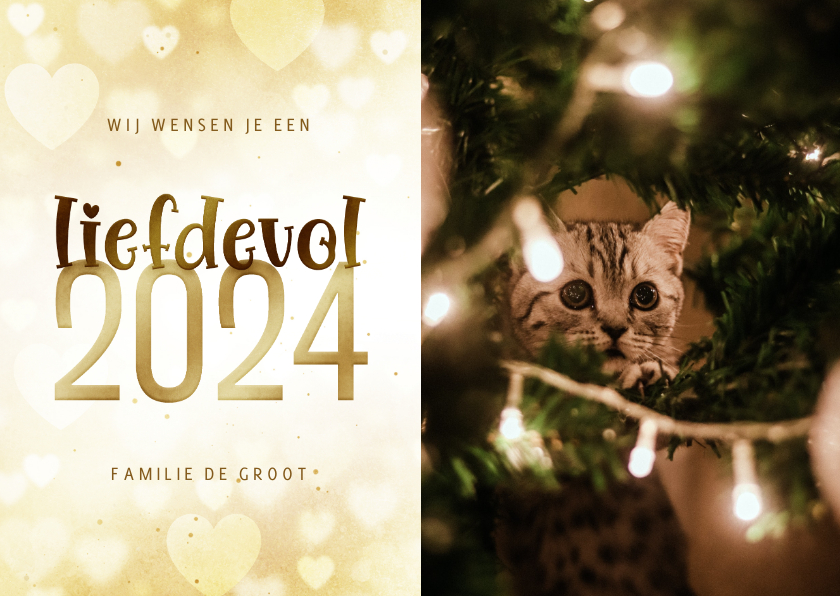 Nieuwjaarskaarten - Nieuwjaarskaart met foto liefdevol 2024 goudlook hartjes