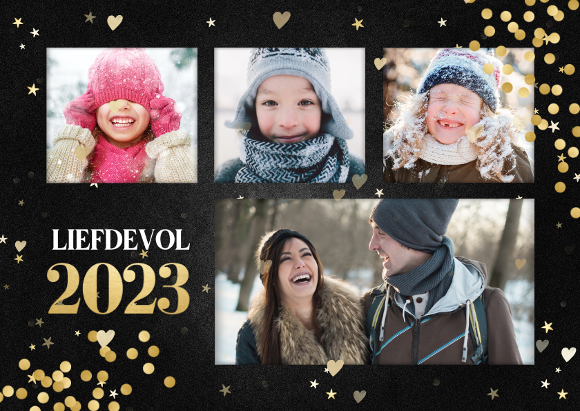 Nieuwjaarskaarten - Nieuwjaarskaart met gouden confetti en 4 foto's