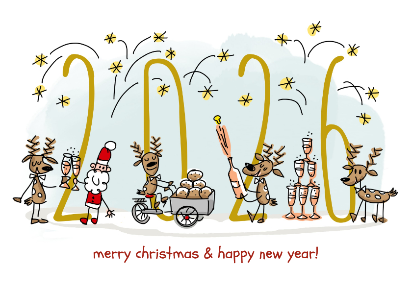 Nieuwjaarskaart met herten kerstman champagne en vuurwerk - Nieuwjaarskaarten Nieuwjaarskaarten - Nieuwjaarskaart met herten kerstman champagne en vuurwerk