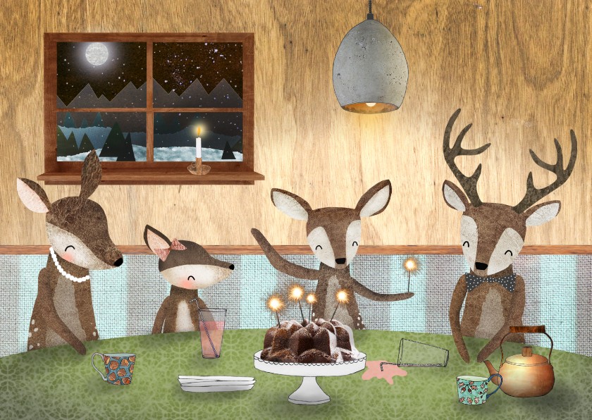 Nieuwjaarskaart met hertjes aan een gezellige tafel - Nieuwjaarskaarten Nieuwjaarskaarten - Nieuwjaarskaart met hertjes aan een gezellige tafel