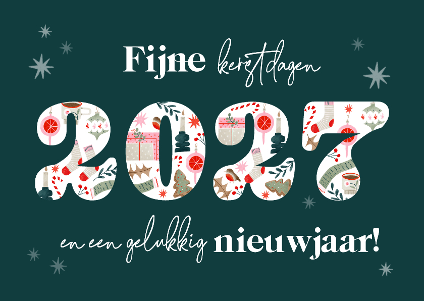 Nieuwjaarskaart met jaartal vrolijke illustraties sterren - Nieuwjaarskaarten Nieuwjaarskaarten - Nieuwjaarskaart met jaartal vrolijke illustraties sterren
