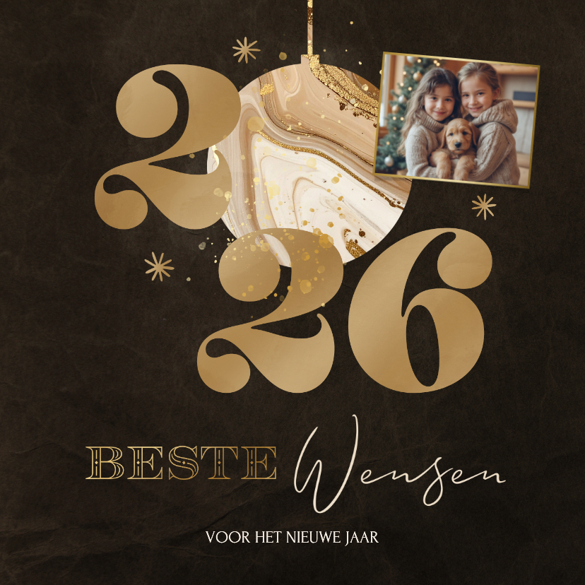 Nieuwjaarskaarten - Nieuwjaarskaart met marmer kerstbal 2026