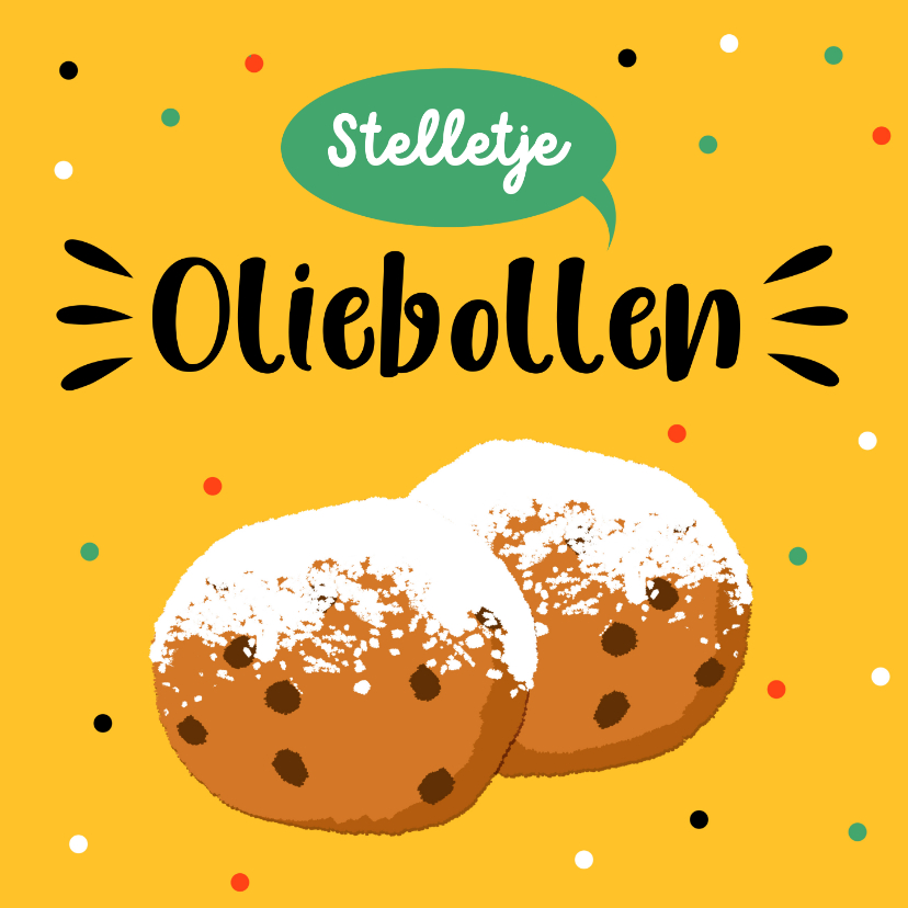 Nieuwjaarskaarten - Nieuwjaarskaart met oliebol en confetti met gele achtergrond