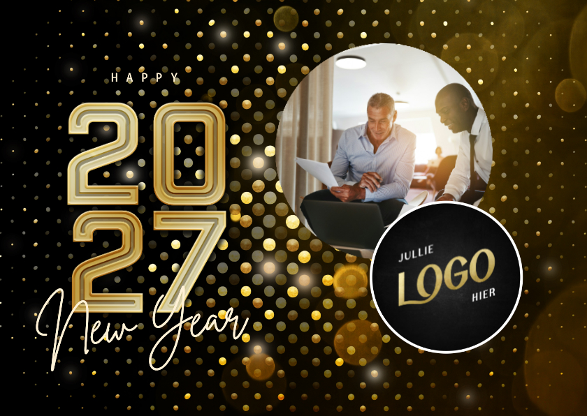 Nieuwjaarskaart modern futuristisch 2027 goud met foto - Nieuwjaarskaarten Nieuwjaarskaarten - Nieuwjaarskaart modern futuristisch 2027 goud met foto