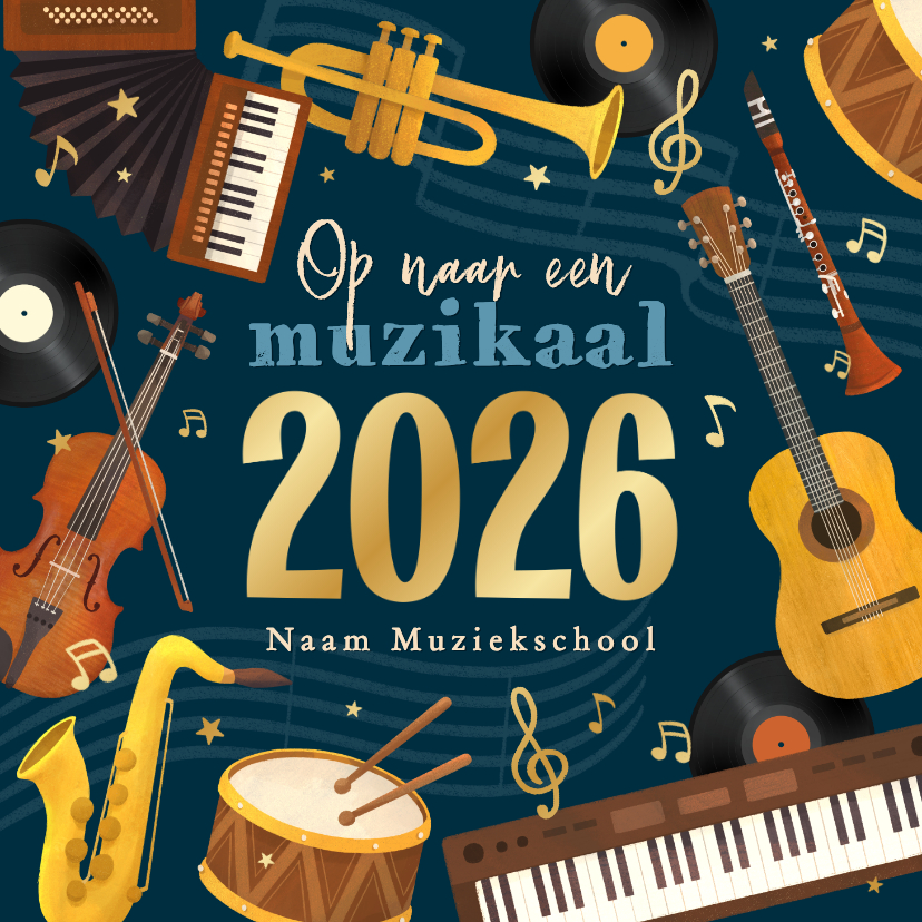 Nieuwjaarskaart muzikaal 2026 instrumenten fijne feestdagen - Nieuwjaarskaarten Nieuwjaarskaarten - Nieuwjaarskaart muzikaal 2026 instrumenten fijne feestdagen