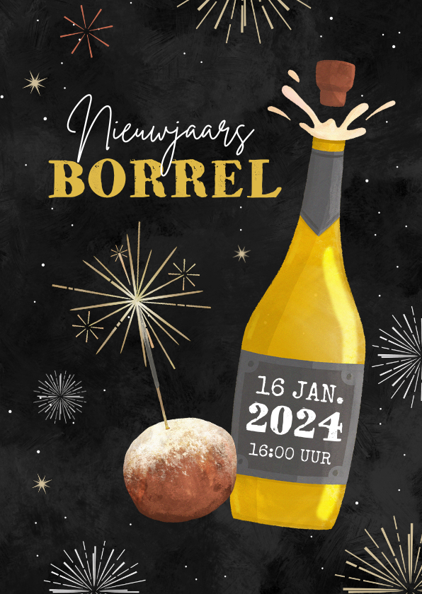 Nieuwjaarskaart nieuwjaarsborrel zakelijk champagne oliebol - Nieuwjaarskaarten Nieuwjaarskaarten - Nieuwjaarskaart nieuwjaarsborrel zakelijk champagne oliebol