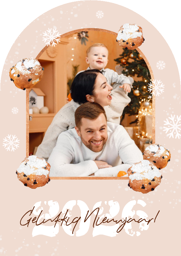 Nieuwjaarskaart oliebollen boogvorm sneeuw foto - Nieuwjaarskaarten Nieuwjaarskaarten - Nieuwjaarskaart oliebollen boogvorm sneeuw foto