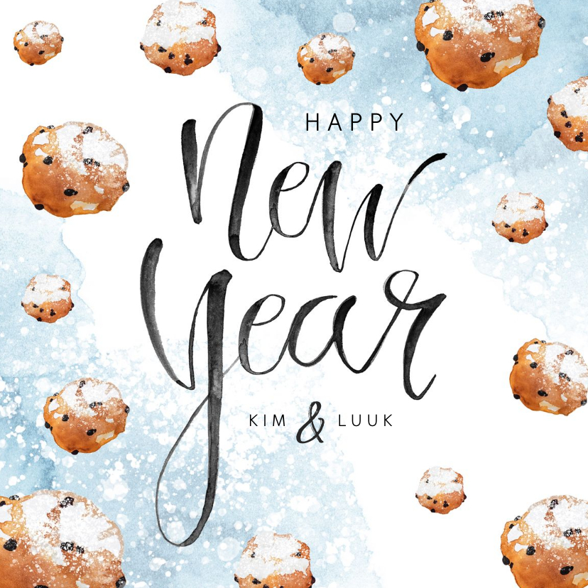 Nieuwjaarskaart oliebollen waterverf poedersuiker - Nieuwjaarskaarten Nieuwjaarskaarten - Nieuwjaarskaart oliebollen waterverf poedersuiker