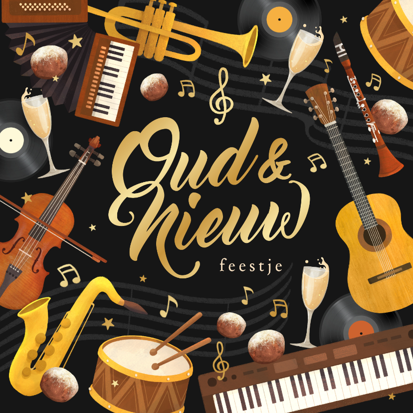 Nieuwjaarskaarten - Nieuwjaarskaart oud en nieuw feestje muziekinstrumenten goud