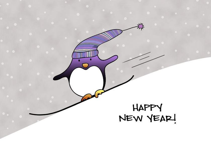 Nieuwjaarskaarten - Nieuwjaarskaart pinguin op snowboard happy New Year