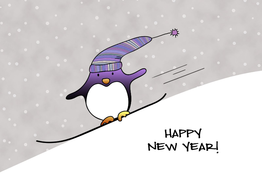 Nieuwjaarskaart pinguin op snowboard happy New Year - Nieuwjaarskaarten Nieuwjaarskaarten - Nieuwjaarskaart pinguin op snowboard happy New Year