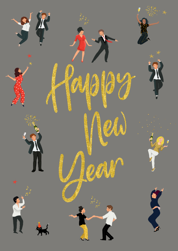 Nieuwjaarskaarten - Nieuwjaarskaart poppetjes met glitterlook