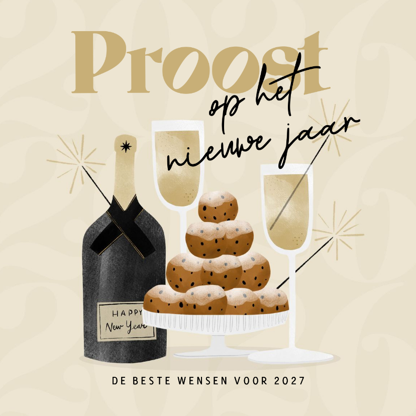Nieuwjaarskaart proost nieuwe jaar champagne oliebollen - Nieuwjaarskaarten Nieuwjaarskaarten - Nieuwjaarskaart proost nieuwe jaar champagne oliebollen