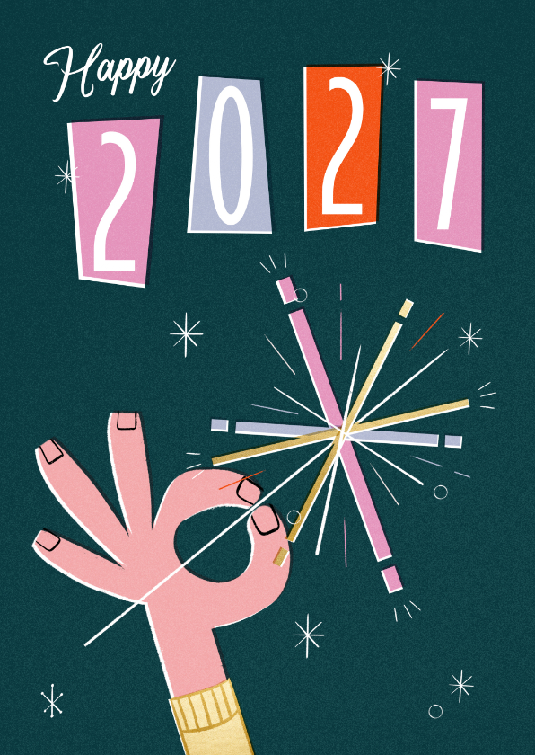 Nieuwjaarskaarten - Nieuwjaarskaart retro sterretje vuurwerk 2027