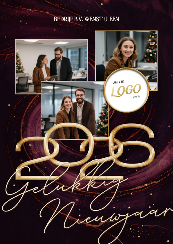 Nieuwjaarskaart rode marmer swirl zakelijk fotocollage 2026 - Nieuwjaarskaarten Nieuwjaarskaarten - Nieuwjaarskaart rode marmer swirl zakelijk fotocollage 2026