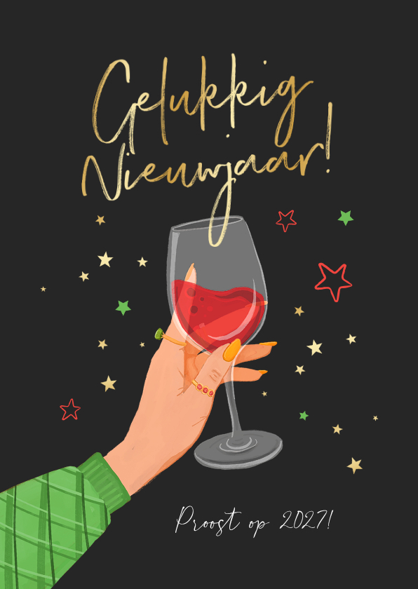 Nieuwjaarskaart rode wijn proost sterren goud cheers - Nieuwjaarskaarten Nieuwjaarskaarten - Nieuwjaarskaart rode wijn proost sterren goud cheers