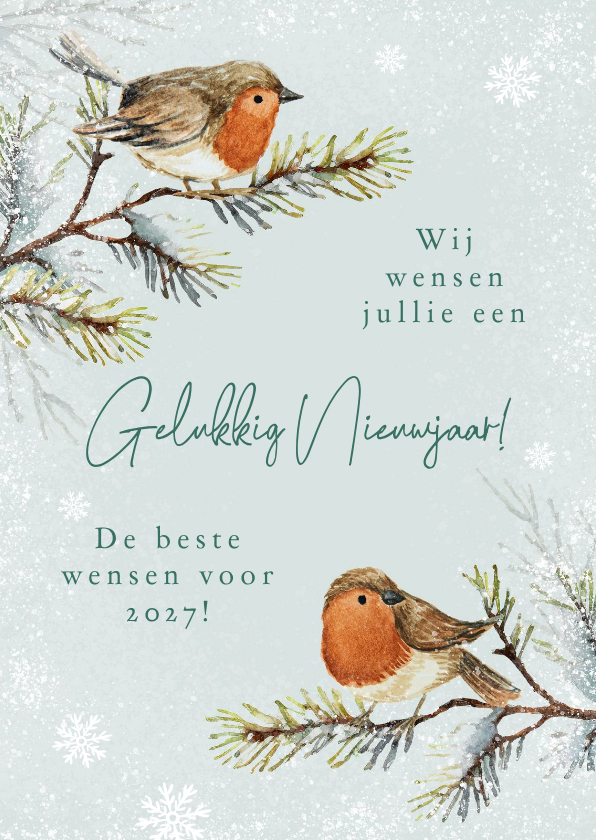Nieuwjaarskaart roodborstjes natuurlijk illustratie sneeuw - Nieuwjaarskaarten Nieuwjaarskaarten - Nieuwjaarskaart roodborstjes natuurlijk illustratie sneeuw