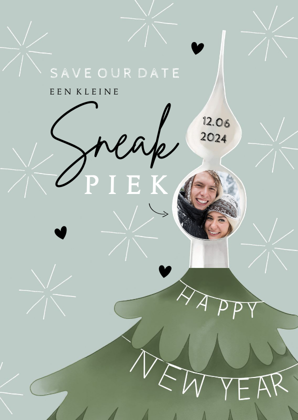 Nieuwjaarskaart 'sneakpiek' save the date kerstboom - Nieuwjaarskaarten Nieuwjaarskaarten - Nieuwjaarskaart 'sneakpiek' save the date kerstboom